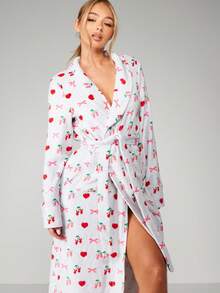 Missguided x Playboy Christmas Cherry Print Belted Long Robe - Multicolor - View 3