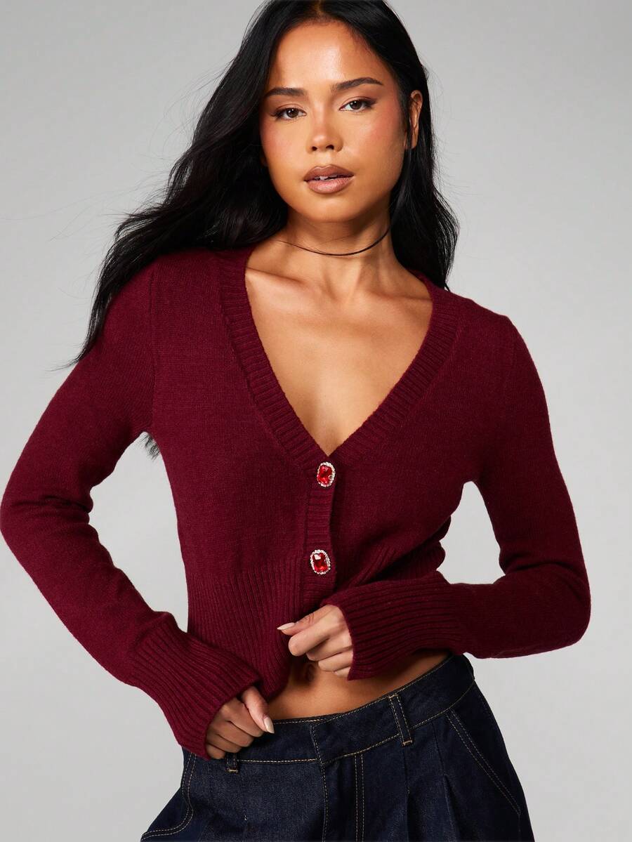 MISSGUIDED Long Sleeve Button Front Cropped Cardigan With Jewelled Crystal Details For Fall Winter Layering Christmas - Red - View 1