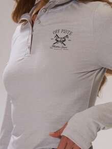 Musera Sport Sport 'Off Piste' Graphic Print Button Through Fitted Long Sleeve Top Cosy Winter Cosy Activewear Sport Gym Workout Lounge Ski Padel Fitness Off Piste - Light Grey - View 6