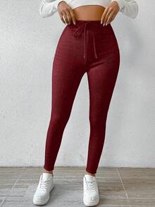 Chiquease Quần legging lót nhiệt màu trơn thường ngày cho nữ, Thu/Đông - Đỏ - Xem 6