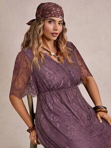 Freevana Plus Size Purple Summer Boho Holiday Vacation Dress,Solid Color Lace High Slit Music Country Festival Outfits,Long Lavender Dress For Women - Dusty Purple - View 6