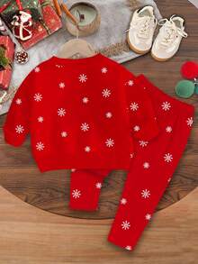 SHEIN Happikins 2pcs/Set Young Girl Casual "Merry Christmas" Cute Cartoon Reindeer & Snowflake Print Red Festive Crew Neck Long Sleeve Sweatshirt And Leggings, Suitable For Autumn/Winter - Multicolor - View 3