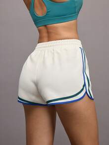 Activina Short de sport casual d'été pour femmes avec taille à cordon de serrage et patchwork à rayures - Blanc - Voir 2