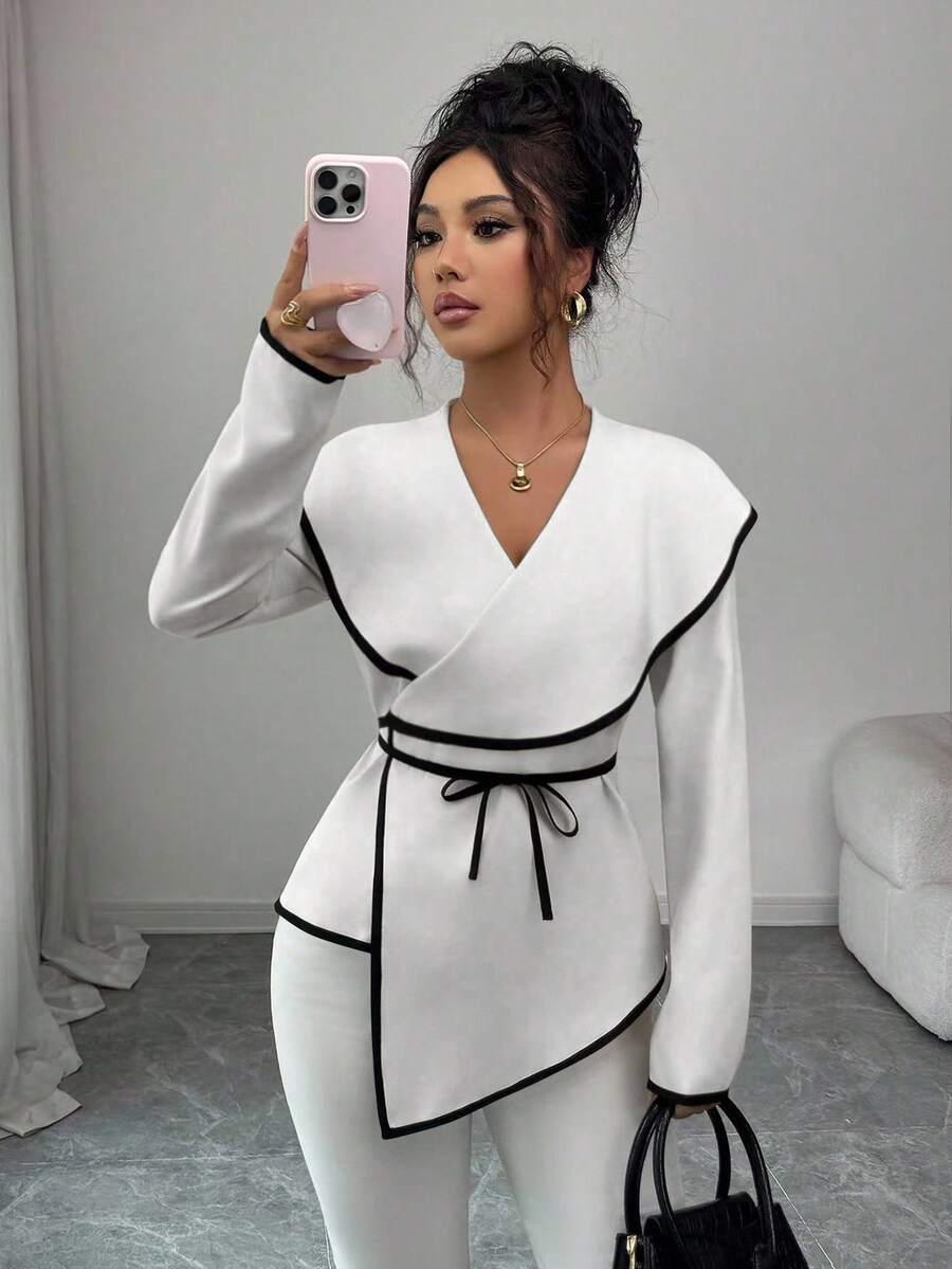 Opuloom Áo cánh nữ cổ chữ V tay dài bó sát, thắt eo, màu tương phản, đường may thanh lịch - trắng - Xem 1
