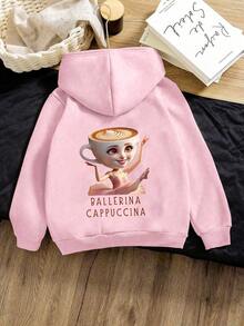 SHEIN Playful Pals 少女休闲时尚可爱趣味卡布奇诺芭蕾舞者印花双面卫衣，粉色，适合日常穿着和上学，秋冬季节。 - 粉色 - 查看 4