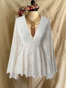 Lyrianda High-End Luxury French Lace Dress, New Fashion Elegant V-Neck Flare Sleeve Shirt Blouse, Party Evening Dress For Women - Beige - View 1