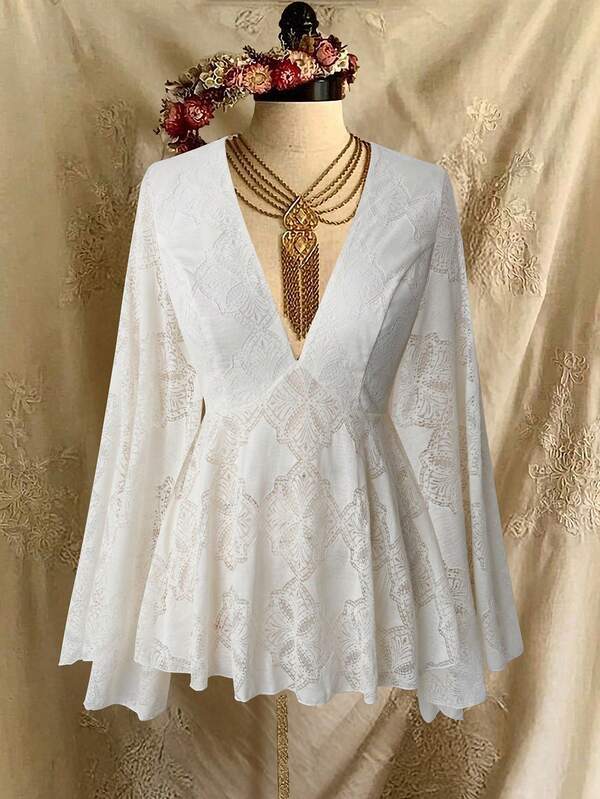 Lyrianda High-End Luxury French Lace Dress, New Fashion Elegant V-Neck Flare Sleeve Shirt Blouse, Party Evening Dress For Women