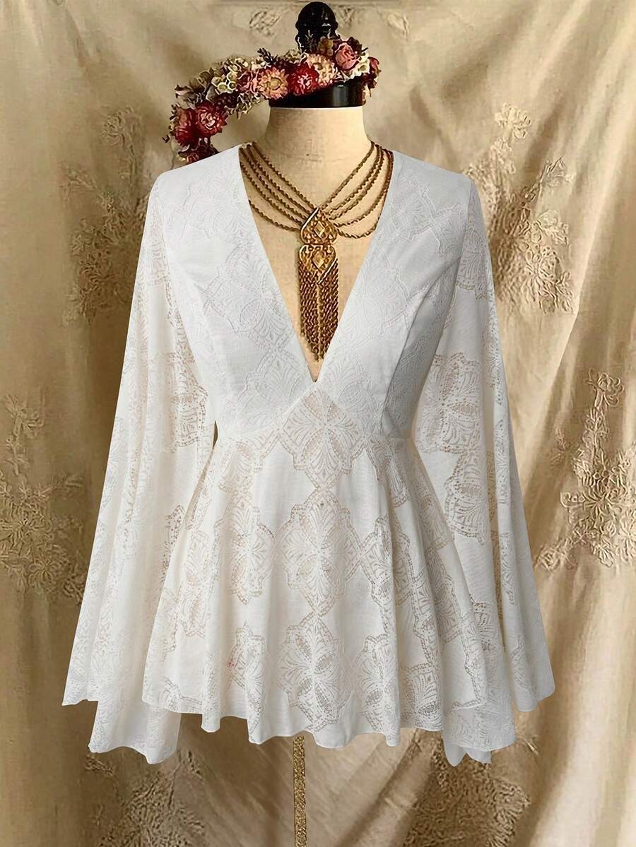 Lyrianda High-End Luxury French Lace Dress, New Fashion Elegant V-Neck Flare Sleeve Shirt Blouse, Party Evening Dress For Women - Beige - View 1