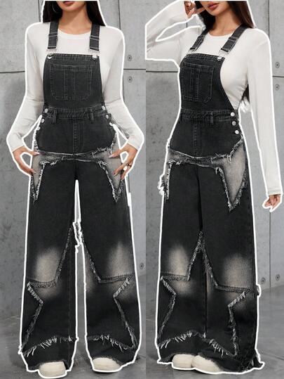 SHEIN 少女 Y2K 时尚星星拼接流苏低腰宽松阔腿牛仔裤工装裤连体裤，毛边下摆和斜口袋，时尚休闲 Y2k 复古酷炫街头重返校园学院口袋设计蓝色牛仔工装裤，适合少女服装，少女日常服装和少女冬季和秋季狂欢装扮节日和服装街头服饰校服
