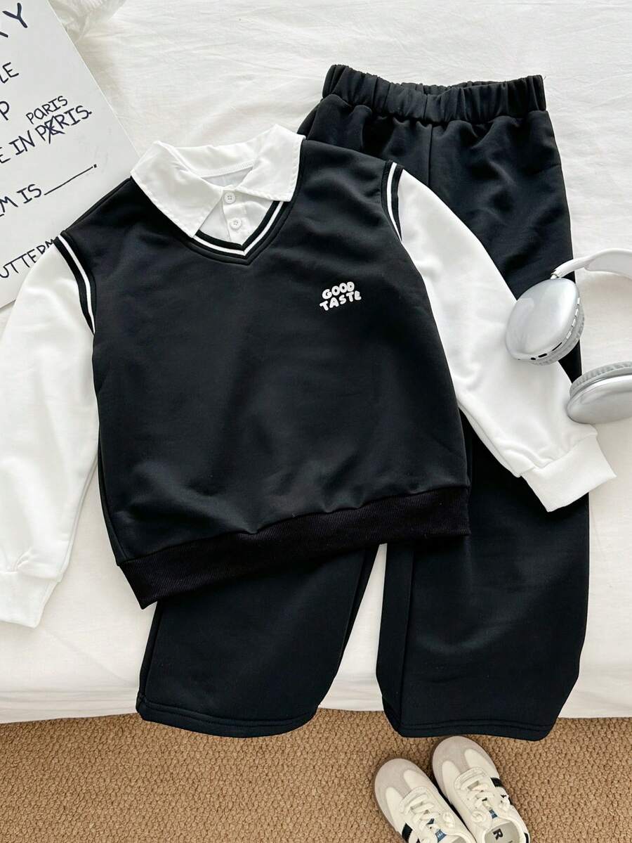 Genkimix Kids 2pcs Tween Girl Letter Print Preppy Style 2 In 1 Shirt Collar Top + Casual Solid Color Straight Leg Pants - Black - View 1
