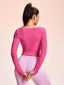 SHEIN Sovereign Charm 女式方领抽绳长袖休闲运动T恤，适合日常穿着 - 玫紅色 - 查看 3