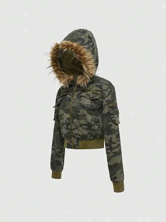 Y2K Kpop Vintage Sexy Camouflage Padded Short Fitted Padded Coat