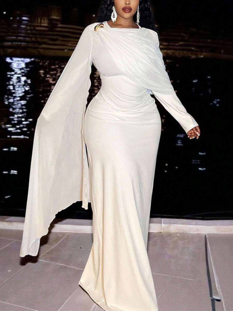 Veslaya 2025 Spring/Autumn New Elegant Party & Formal Occasion Dress - White Sheer Chiffon Patchwork Dress With Sash For Plus Size Women