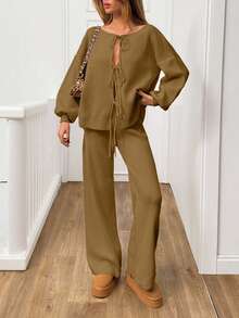 EURMUSE 2pcs Women Casual Solid Color Drawstring Cardigan Knit Set - Camel - View 5