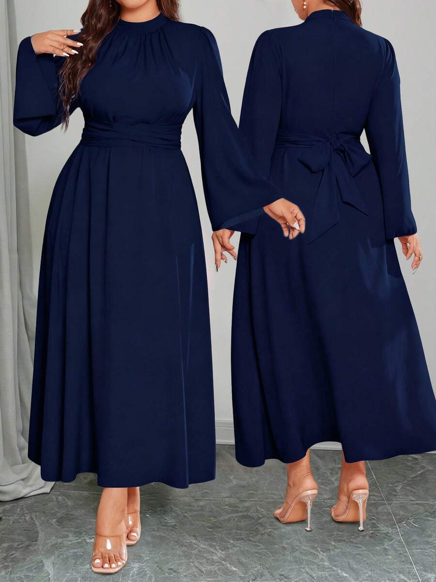 Elenzga Váy xòe tay loe màu trơn thanh lịch sang trọng cỡ lớn cho kỳ nghỉ - Màu xanh hải quân - Xem 1