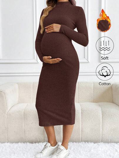 SHEIN Women's Solid Color Minimalist Turtleneck Long Sleeve Casual Dress Brown Maternity Dress Pregnant Dress Bump Friendly Dress Breastfeeding Dress Ribbed Maternity Dress