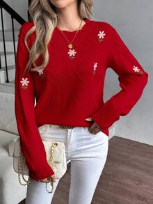 LanaWest Áo len dệt kim dáng rộng thêu hoa thanh lịch dành cho nữ, thích hợp cho ngày lễ tình nhân - Đỏ - Xem 8