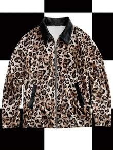 Y2Kool BiGraphic Women's Leopard Print Velvet Contrast Color Loose Jacket, Suitable For Autumn/Winter, Y2K Back To School Street Style Winter Casual Stylish Collection New Year - Coffee Brown - View 1
