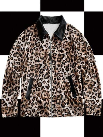 Y2Kool BiGraphic Chaqueta suelta de terciopelo con estampado de leopardo y contraste de color, adecuada para otoño/invierno, estilo callejero Y2K de vuelta al colegio, colección de ropa casual de invierno con estilo, nuevos atuendos de Año Nuevo