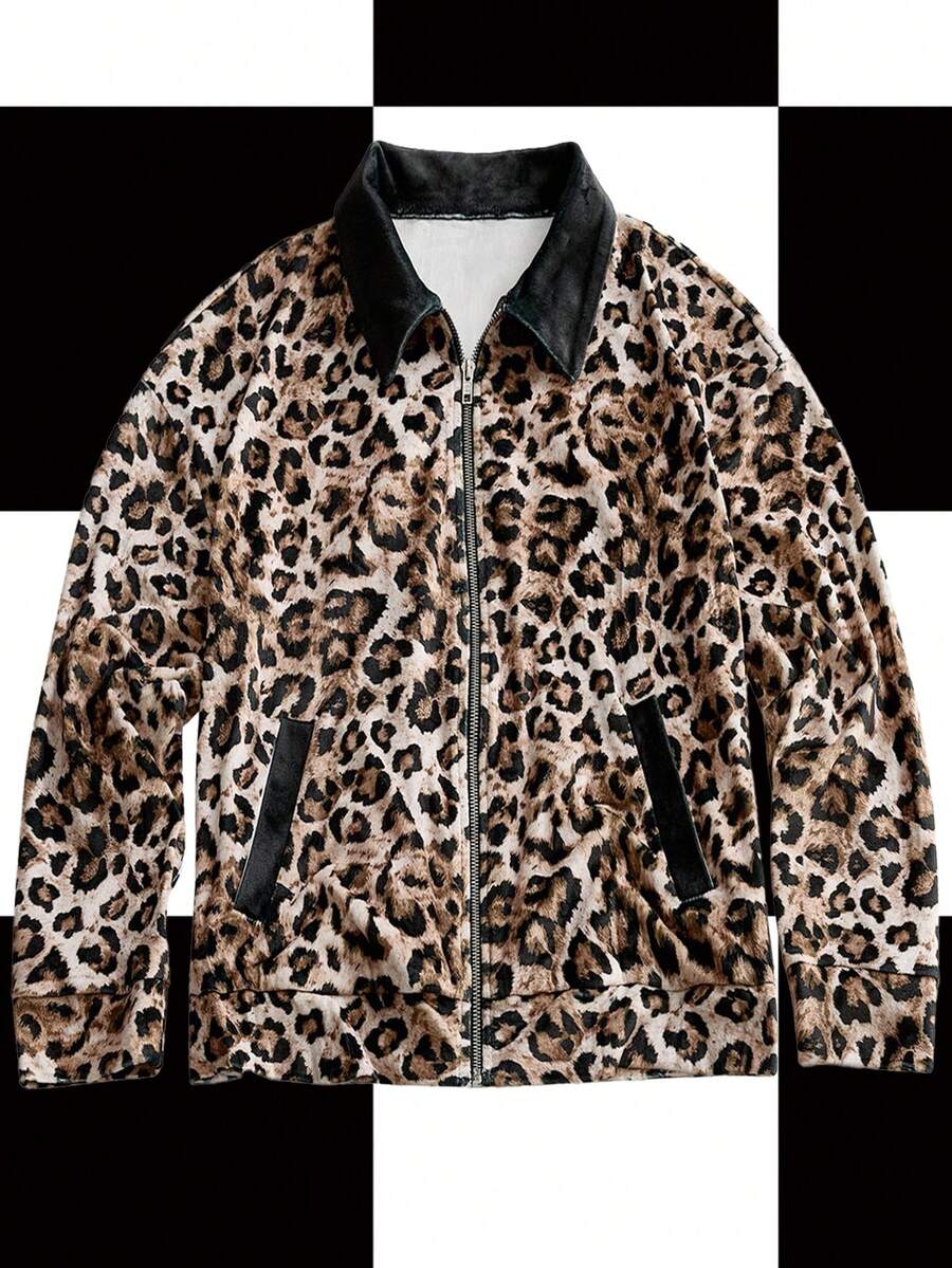 Y2Kool BiGraphic Women's Leopard Print Velvet Contrast Color Loose Jacket, Suitable For Autumn/Winter, Y2K Back To School Street Style Winter Casual Stylish Collection New Year - Coffee Brown - View 1