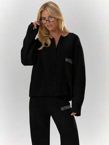 MUSERA Oversized Rib Knit Embroidered Zip Through Long Sleeve Cardigan Only Fall Autumn Cosy Cute Casual Coffee Club New Year Thanksgiving