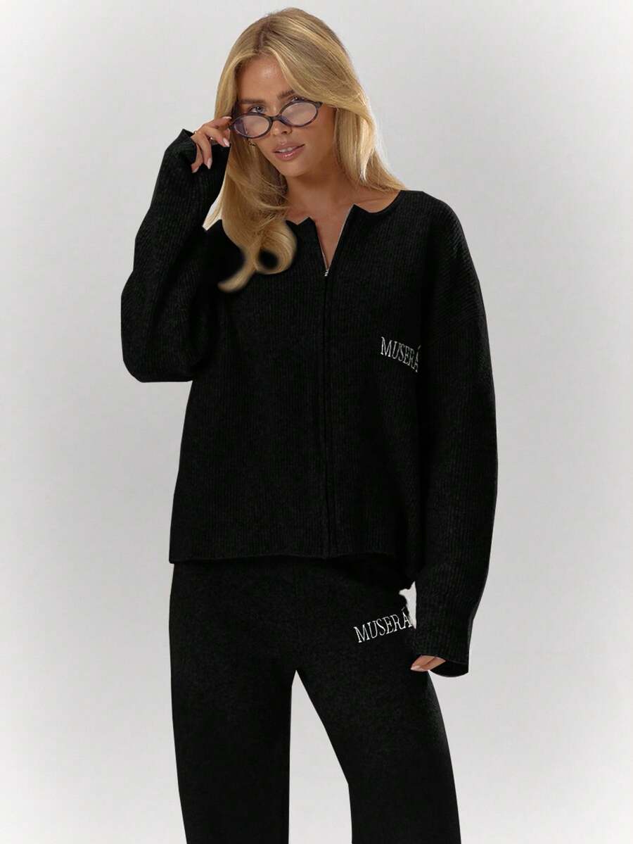 MUSERA Oversized Rib Knit Embroidered Zip Through Long Sleeve Cardigan Only Fall Autumn Cosy Cute Casual Coffee Club New Year Thanksgiving