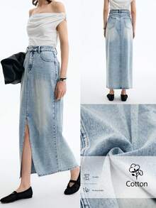 Aalyst 女式口袋开衩直筒休闲牛仔长裙 - 淺色水洗藍 - 查看 1