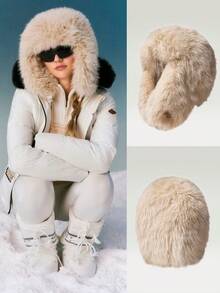 GLOWMODE 滑雪系列冬季飞行温暖舒适仿皮草带扣徽标护耳雪帽户外度假秋冬雪地滑雪日常运动服 - 杏色 - 查看 7