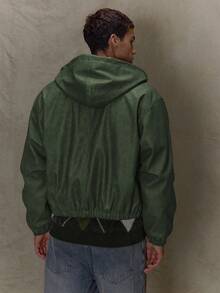 Musero Boxy Matte PU Leather Hooded Zip Through String Jacket Fluffy Inside SPRING SUMMER - Green - View 5