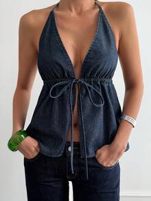 DAZY Women's Summer Halter Tie Waist Bowknot Denim Blouse, Vacation Style - Medium Wash - View 6