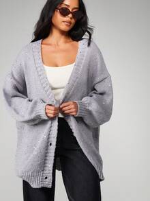 MISSGUIDED Cárdigan de Navidad con cuello en pico oversize, cierre con botones y detalles con lentejuelas para capas de invierno - Azul - Ver 5