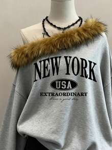 SHEIN EZwear 女式毛绒拼布不对称领字母印花运动衫 - 灰色 - 查看 5