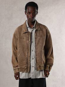 DAZY Veste en jean vintage lavée marron unicolore pour homme, vacances d'automne - Tabac - Voir 3