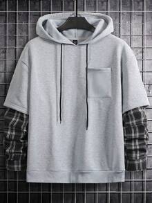 Claim Dot Loose Fit Men's Plaid Patched Sleeve Drop Shoulder Drawstring Hoodie Men Shirt Oversized Baggy Shirt Men Designer Oversized Shirts Sumwon Men Oversized Streetwear Oversized Hoodie Men Streetwear Twilight