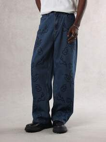 DAZY Men's Casual Washed Embroidered Straight Leg Jeans - Blue - View 4