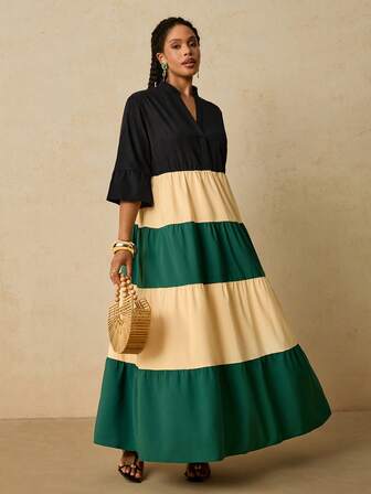 Travachic Plus Size Women V-Neck Flare Sleeve Striped Casual Dress Resort Dresses For Women Color Block Dress Juneteenth Outfits For Women Fall Clothes