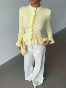 Siren Gaze 女士休闲纯色荷叶边针织上衣 淡黄色上衣 奶油黄开衫 黄色开衫 女士黄色荷叶边开衫 黄色毛衣 冬季 - 黃色 - 查看 4