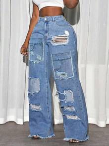 SHEIN PETITE 女式高腰口袋做旧阔腿宽松休闲牛仔裤 - 藍色 - 查看 1