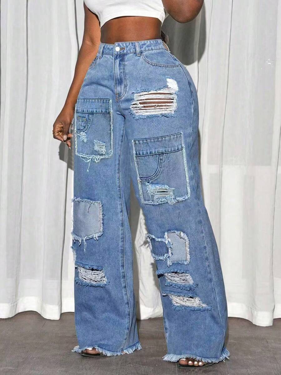 SHEIN PETITE 女式高腰口袋做旧阔腿宽松休闲牛仔裤 - 藍色 - 查看 1