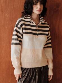 Zovinel Áo khoác cardigan sọc cổ khóa kéo thanh lịch dành cho nữ, áo khoác ngoài dài tay, áo len dệt kim sọc màu tương phản, thu/đông - Màu Khaki - Xem 6
