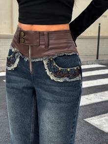 Rivivi Women's Retro Nostalgic Maillard Style Patchwork PU Leather Embroidered Straight-Leg Jeans - Dark Wash - View 2