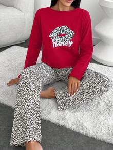 EURMUSE Cotton Women 2 Pcs Lips&Leopard Printed Long Sleeved Shirt&Leopard Pattern Sleep Bottoms Set - Red - View 5