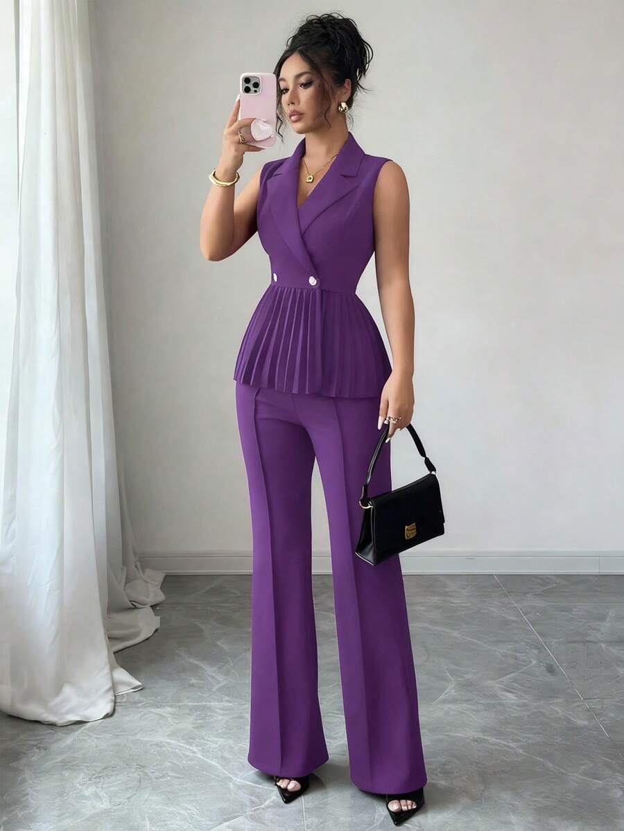 Elenzga 2件套无袖褶皱腰A字优雅浪漫精致女士西装套装 - 紫色 - 查看 1