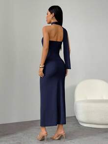 SHEIN PETITE Women's Navy Blue Summer Elegant Party Night Dress,Asymmetrical Flare Sleeve Loose Casual Dress For Vacation,Beach,Boho,Hawaii,Music Festival,Work - Navy Blue - View 2