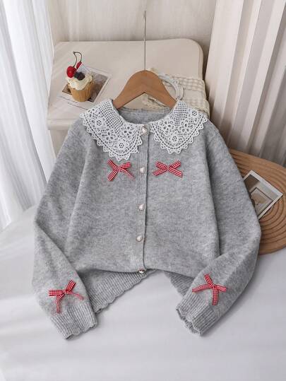 Genkimix Kids 女童可爱灰色针织蕾丝领开衫，圆领长袖蝴蝶结装饰开衫，适合日常穿着、上学、郊游、派对、秋冬