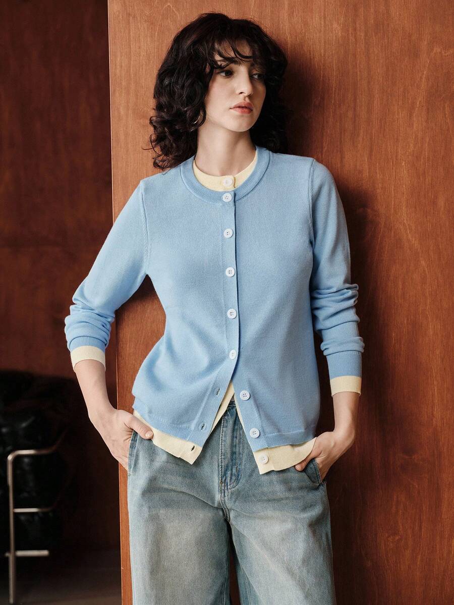 Uhlyne Cardigan décontracté en patchwork de couleurs contrastées, automne/hiver