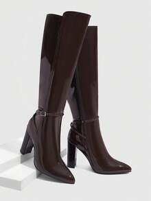 CUCCOO SZL 女士时尚英伦风骑马靴，性感尖头搭扣粗跟修身高筒过膝礼服靴 - 咖啡棕 - 查看 6