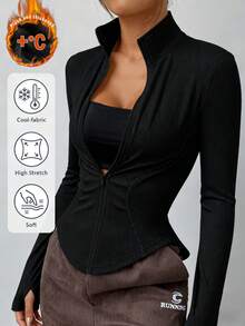 SHEIN EZwear 1件女士黑色罗纹针织开衫，适合秋季 - 黑色 - 查看 1