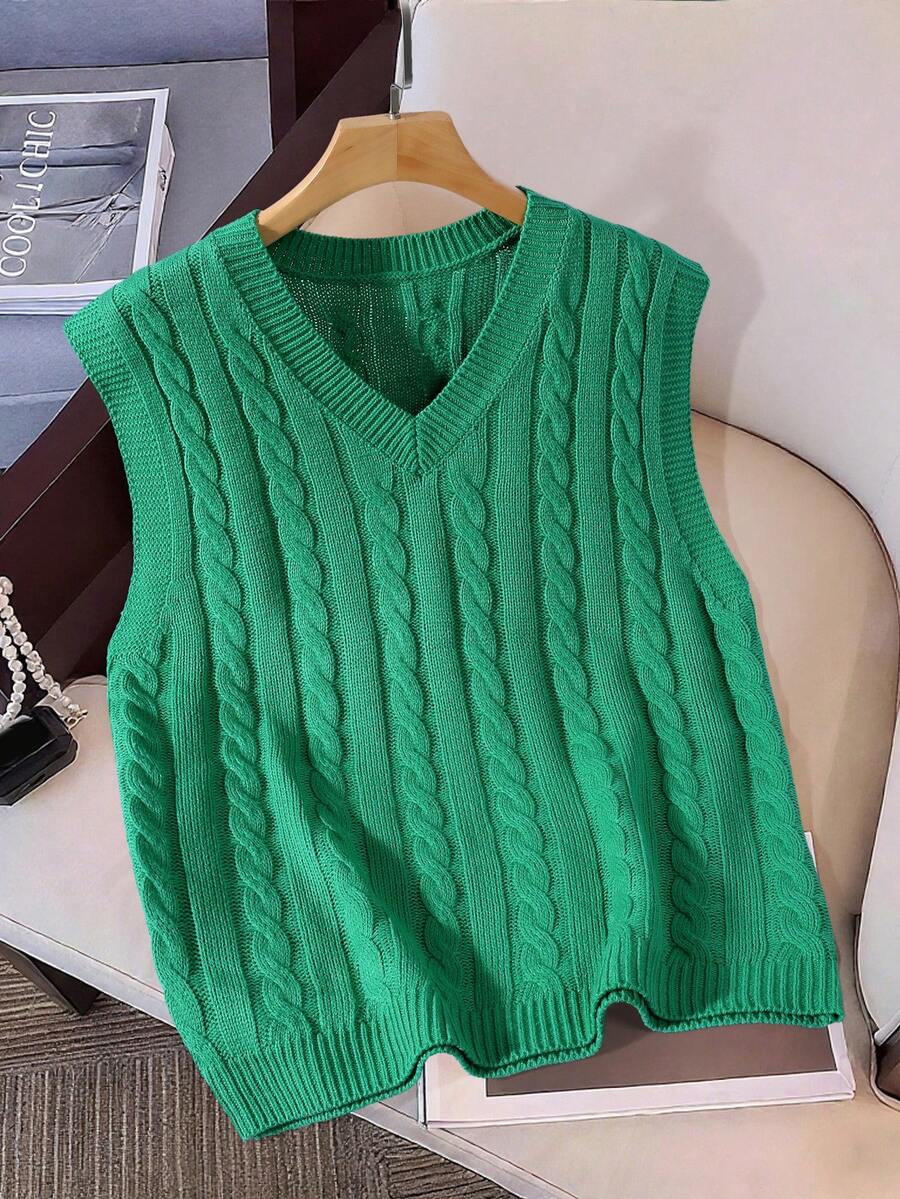 Claim Dot 男士纯色V领休闲针织背心，秋冬 - 綠色 - 查看 1