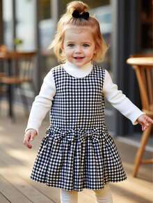 Souflis Souflis 2025秋冬新款法式复古优雅黑白格子背带裙，搭配精致蝴蝶结，适合外出、上学、聚会、派对等场合，女婴连衣裙 - 彩色 - 查看 3